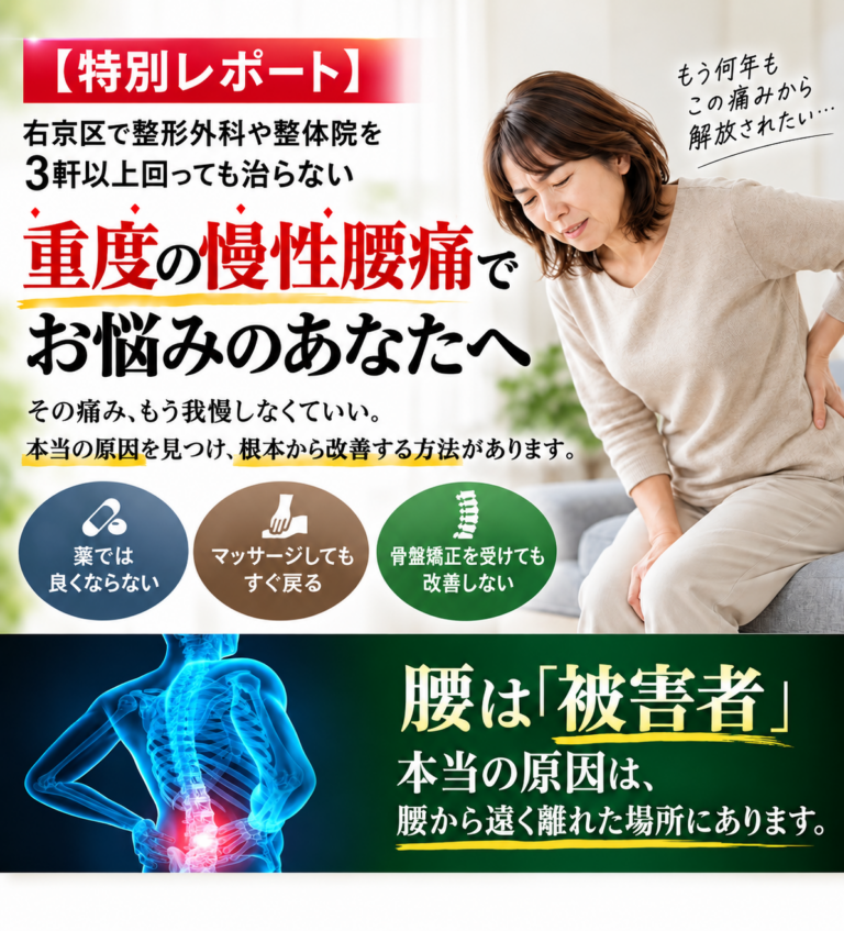 【特別レポート】右京区で整形外科や整体院を3軒以上回っても治らない「重度の慢性腰痛」でお悩みのあなたへ